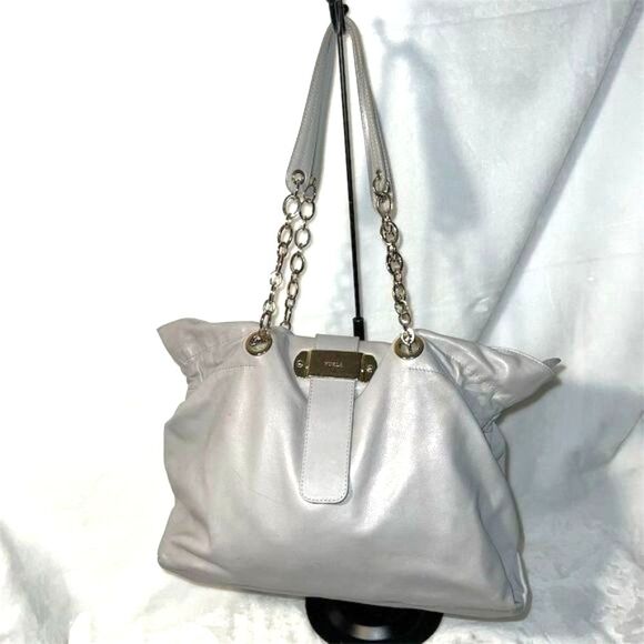 Furla Women's Grey Leather Shoulder Bag with Gold Chain Straps - Picture 1 of 16